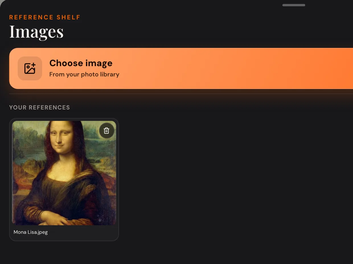 iPad reference shelf with a Choose image button and a Your references row holding the Mona Lisa.
