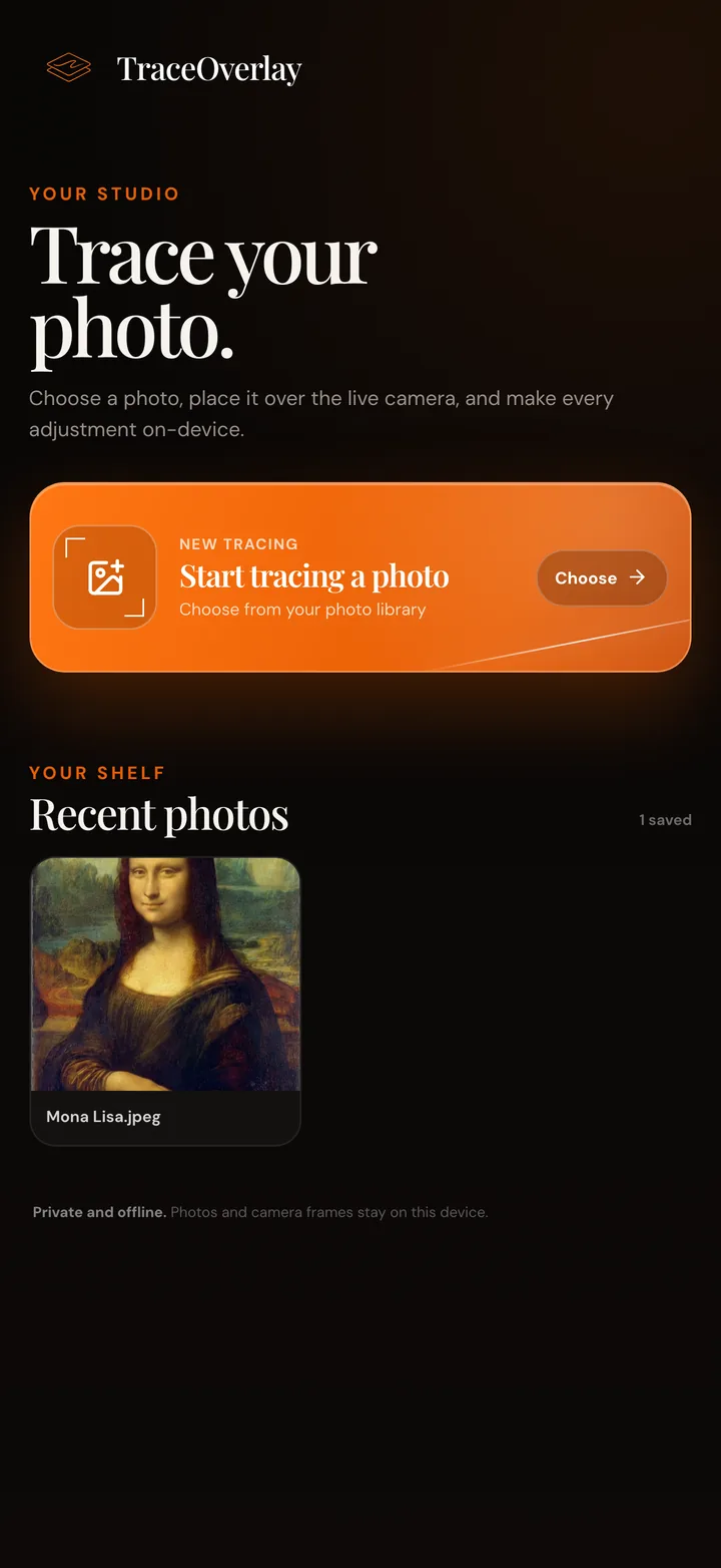 TraceOverlay home with a Start tracing a photo button and a Recent photos shelf holding the Mona Lisa.