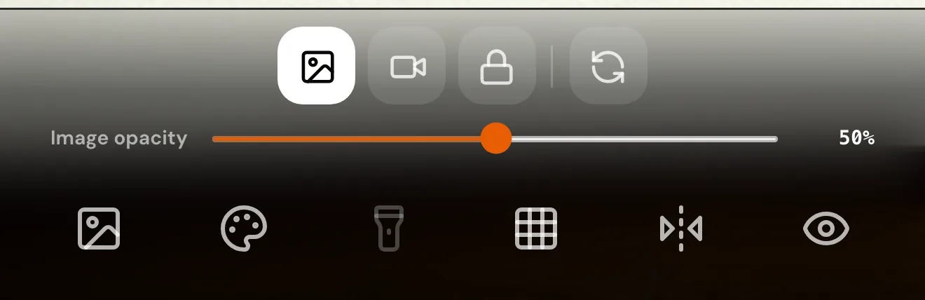 TraceOverlay toolbar with the image opacity slider and six tool buttons for images, filters, flashlight, grid, mirror and hide controls.